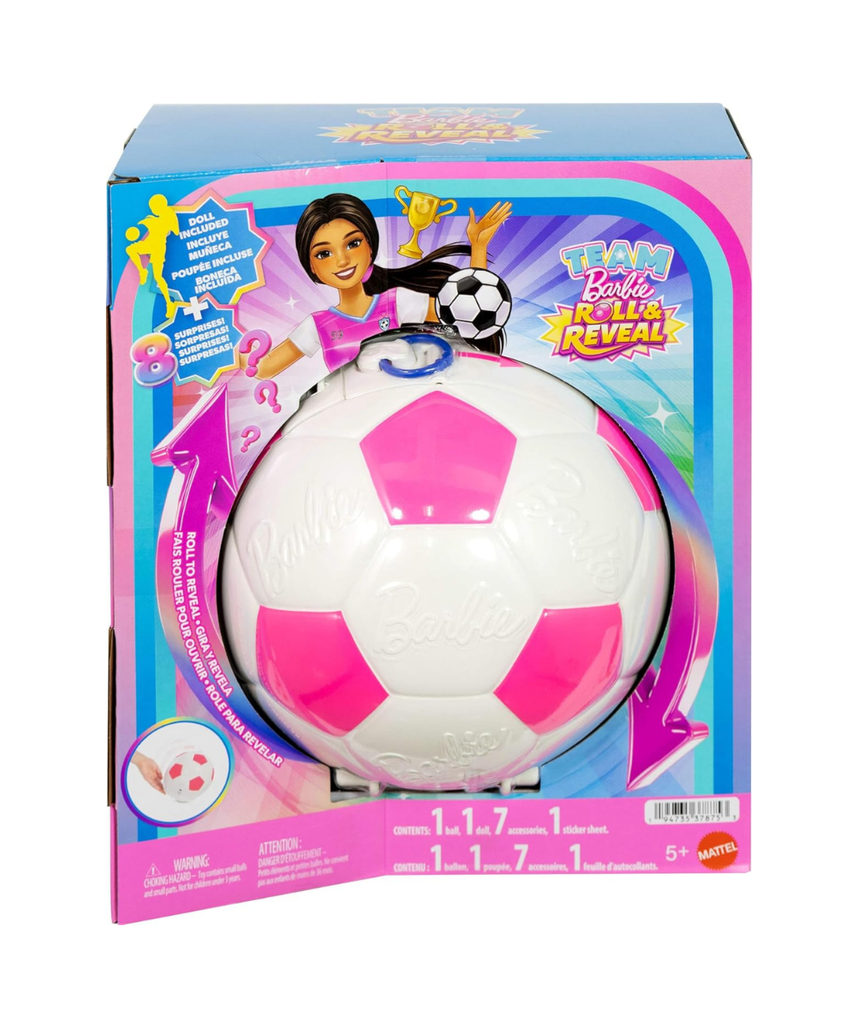 Barbie Team Roll and Reveal Soccer Player Doll and Accessories with Brunette Fashion Doll & 8 Surprises and a Soccer Ball Encasement