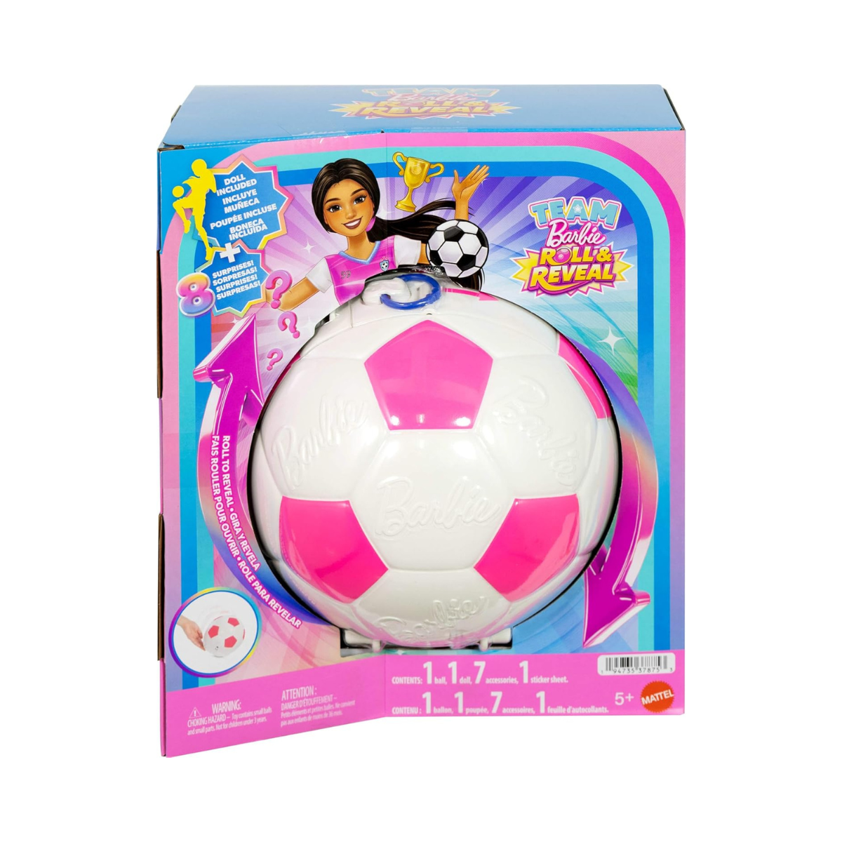 Barbie Team Roll and Reveal Soccer Player Doll and Accessories with Brunette Fashion Doll & 8 Surprises and a Soccer Ball Encasement