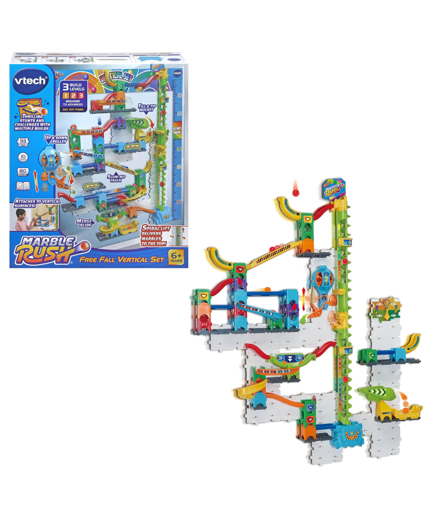 VTech Marble Rush Free Fall Vertical Set, Construction Set for Kids, 93 Building Pieces & 10 Marbles, Interactive Building Toy, Suitable for Ages 6, 7, 8+ Years, English Version