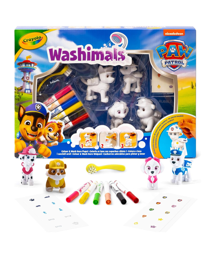 CRAYOLA - Washimals Paw Patrol Activity Set with 4 Puppies, 6 Washable Markers, 40 Stickers and Brush, Toy and Gift for Children, from 3 Years