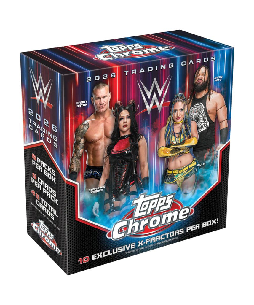 Topps Chrome WWE 2026 Mega Box Trading Cards, WWE Superstar Collectible Card Box with Exclusive X-Fractors & Autograph Chase Cards