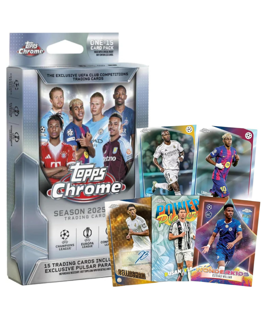 Topps UEFA Club Competitions Chrome 2025/26 Hanger Pack Trading Cards, 15 Cards Per Pack, Exclusive Pulsar Parallels, Autograph Chase Cards, Official UEFA Football Collectibles