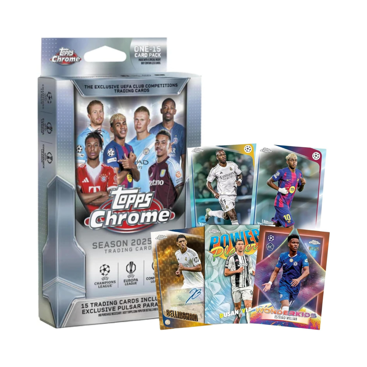 Topps UEFA Club Competitions Chrome 2025/26 Hanger Pack Trading Cards, 15 Cards Per Pack, Exclusive Pulsar Parallels, Autograph Chase Cards, Official UEFA Football Collectibles
