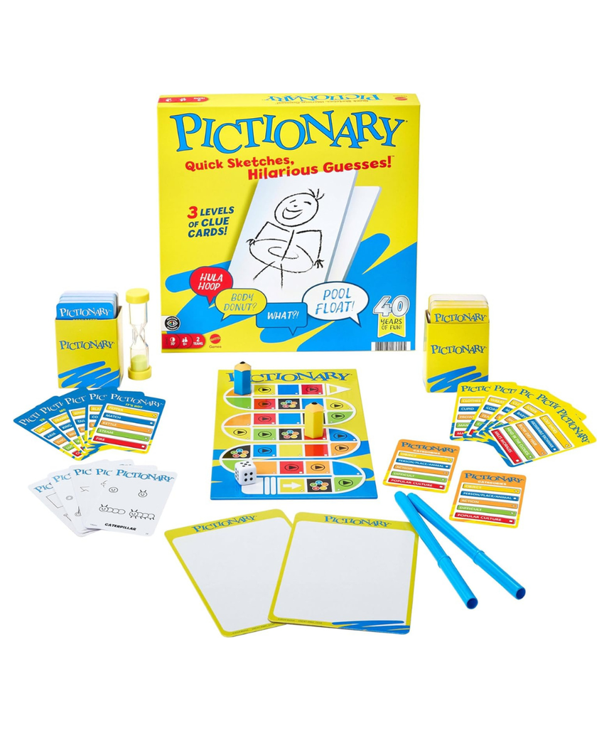 Mattel Games Pictionary Family Board Game for Kids, Adults and Game Night for 2 Teams with Erasable Markers, Boards and Sand Timer