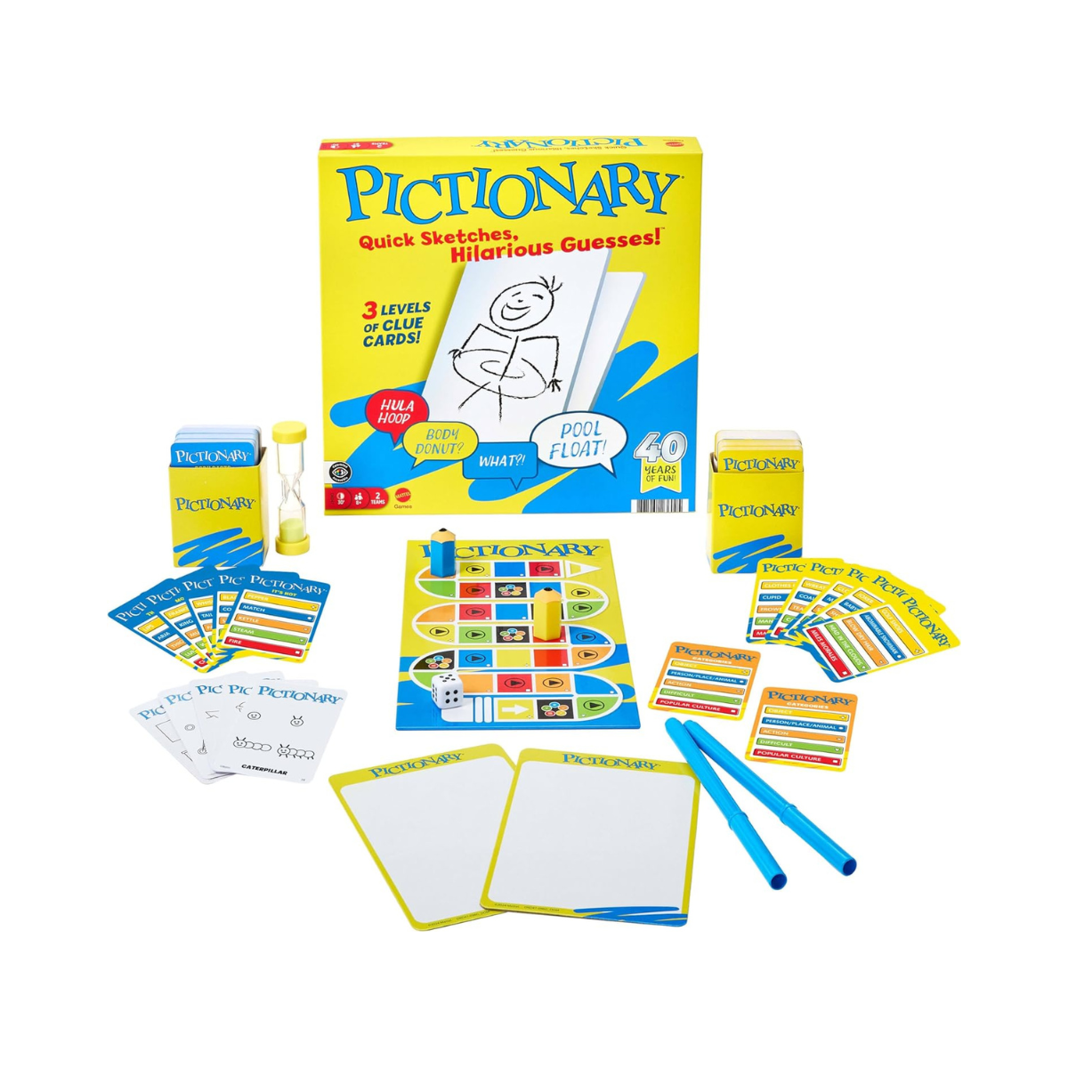 Mattel Games Pictionary Family Board Game for Kids, Adults and Game Night for 2 Teams with Erasable Markers, Boards and Sand Timer