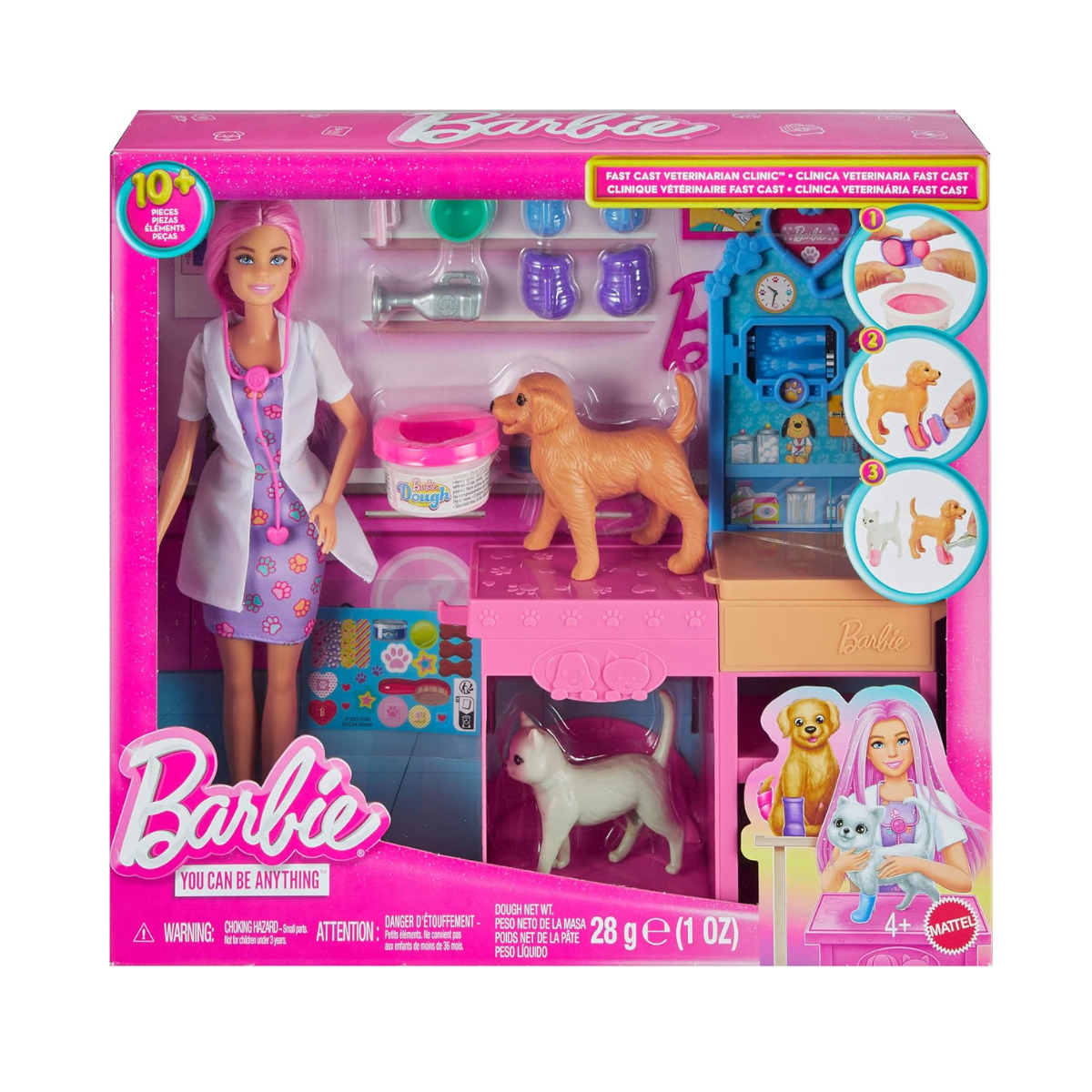 Barbie Fast Cast Veterinarian Clinic Playset with Pink Colored Hair Fashion Doll, Vet Furniture & 10+ Accessories Including Molds & Dough for Bandages