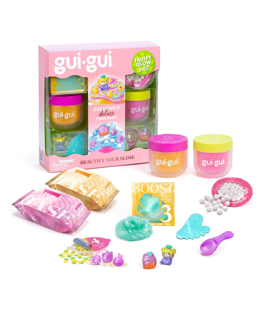 GUI GUI Fruity Glow Deluxe Twin Pack Slime Kit, 2 Scented Slimes Jelli & Clear with Gua Sha and Scoop Tools, 5-Step Beauty Ritual Sensory Toy for Kids, Ages 6+