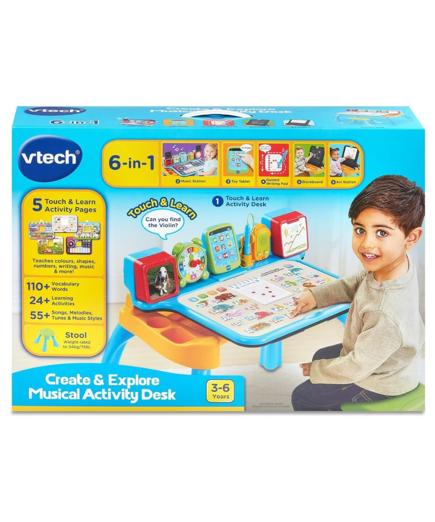 VTech 6-in-1 Interactive Musical Activity Desk for Kids 3–6 – Educational Learning Table, Writing Pad with Stylus, Art Easel & Chalkboard, 5 Activity Pages