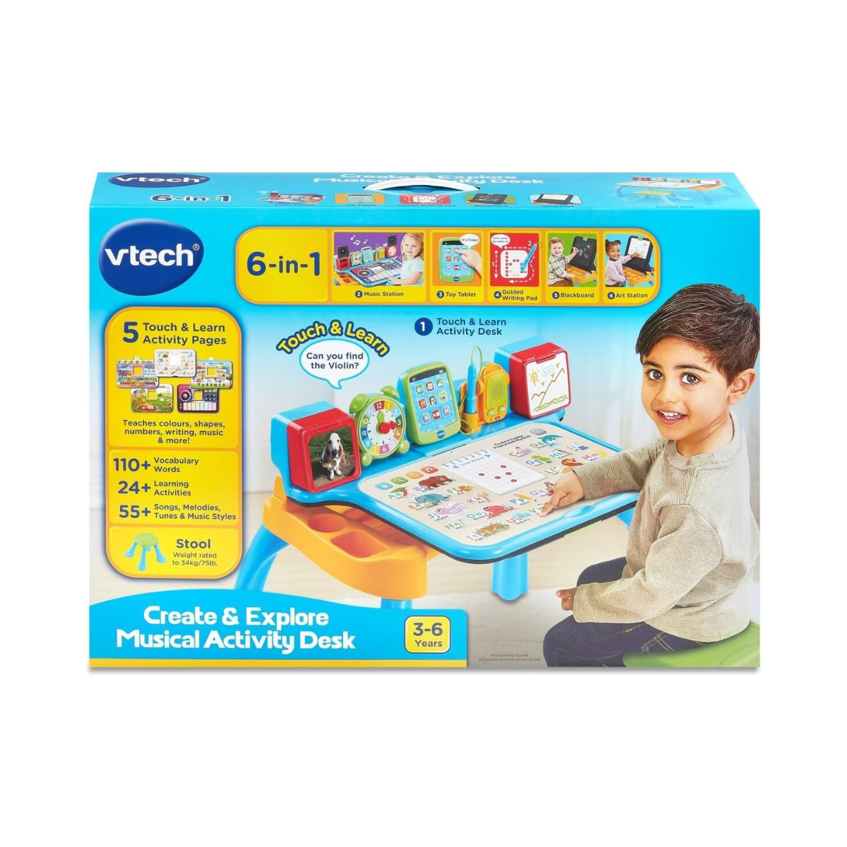 VTech 6-in-1 Interactive Musical Activity Desk for Kids 3–6 – Educational Learning Table, Writing Pad with Stylus, Art Easel & Chalkboard, 5 Activity Pages