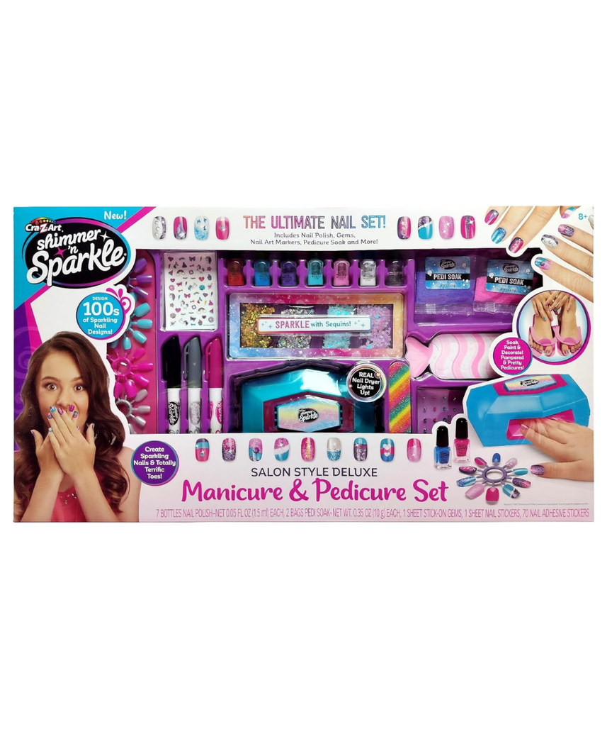 Shimmer N Sparkle Salon Style Manicure & Pedicure Kit with Real Nail Dryer, Soak, Polish and Decorate Accessories for Fun At Home Nail Art and Spa Play