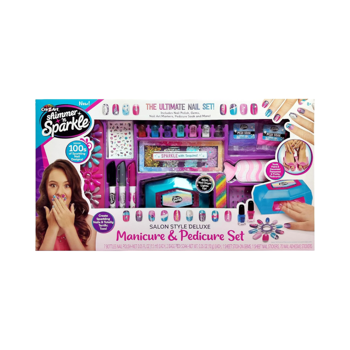 Shimmer N Sparkle Salon Style Manicure & Pedicure Kit with Real Nail Dryer, Soak, Polish and Decorate Accessories for Fun At Home Nail Art and Spa Play