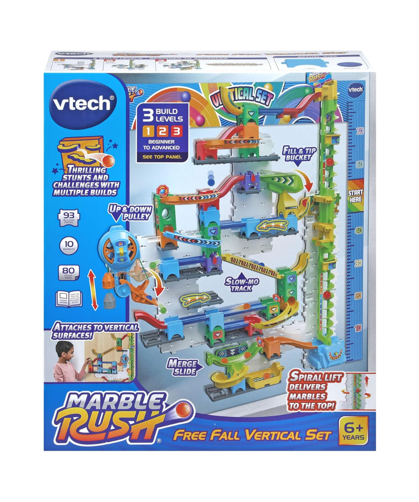 VTech Marble Rush Free Fall Vertical Set, Construction Set for Kids, 93 Building Pieces & 10 Marbles, Interactive Building Toy, Suitable for Ages 6, 7, 8+ Years, English Version