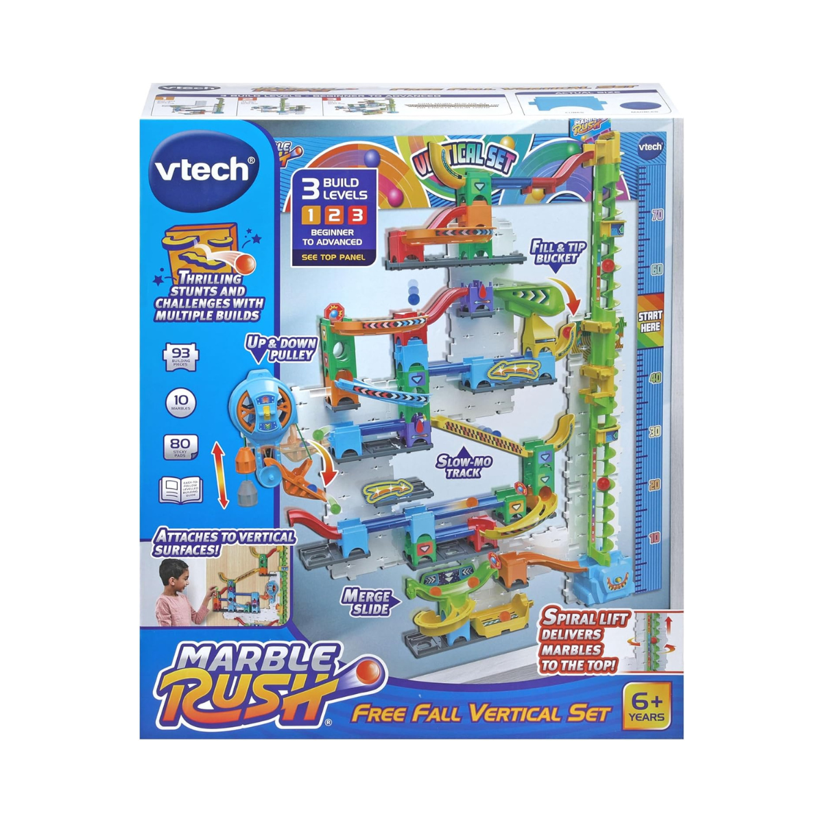 VTech Marble Rush Free Fall Vertical Set, Construction Set for Kids, 93 Building Pieces & 10 Marbles, Interactive Building Toy, Suitable for Ages 6, 7, 8+ Years, English Version