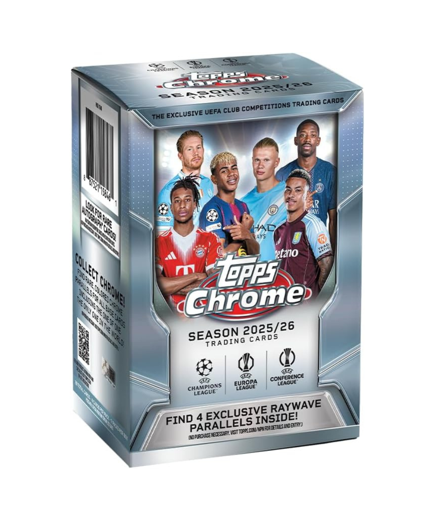 Topps Chrome UEFA Club Competitions 2025/26 Value Box Football Trading Cards | 7 Packs, Exclusive Raywave Parallels, Rookie Cards & Autograph Chase Cards