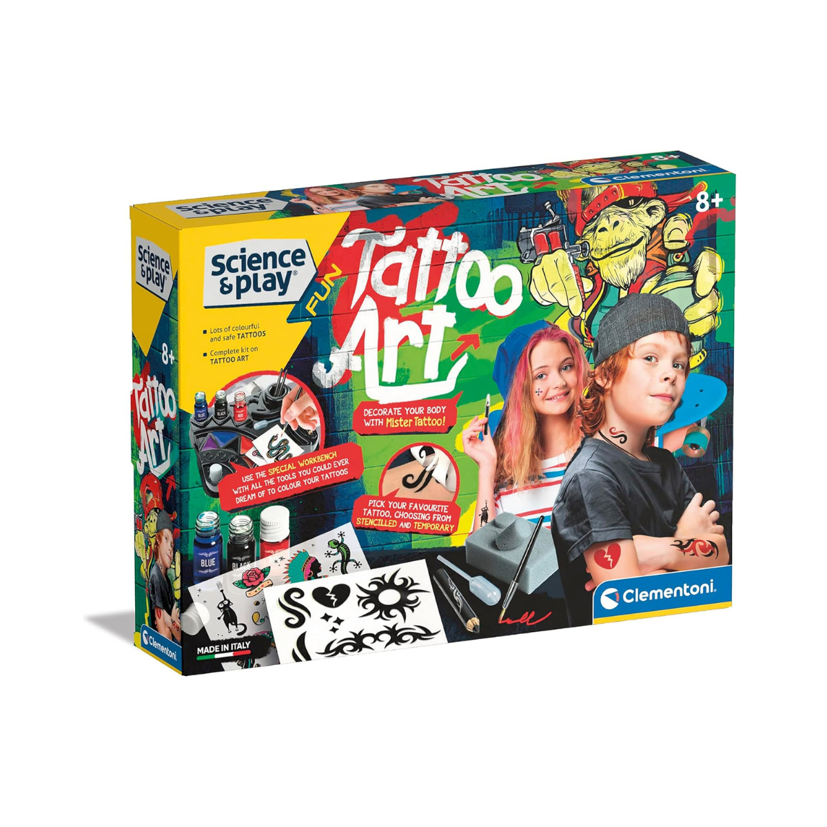 Clementoni - 61544 - Science & Play Fun - Tattoo Art - Tattoo Kit For Kids, Educational And Scientific Toys, Gift For Kids Age 8, English version - Made In Italy