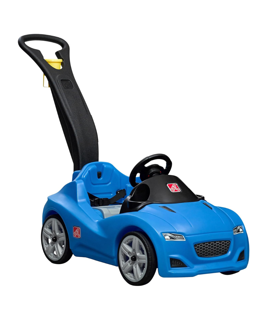 Step2 Whisper Ride Cruiser Kids Push Car with Parent Handle, Seat Belt, Horn & Storage Trunk, Single Seater Ride-On Toy for Boys and Girls, Gray, Pink & Blue, Ages 18 Months+