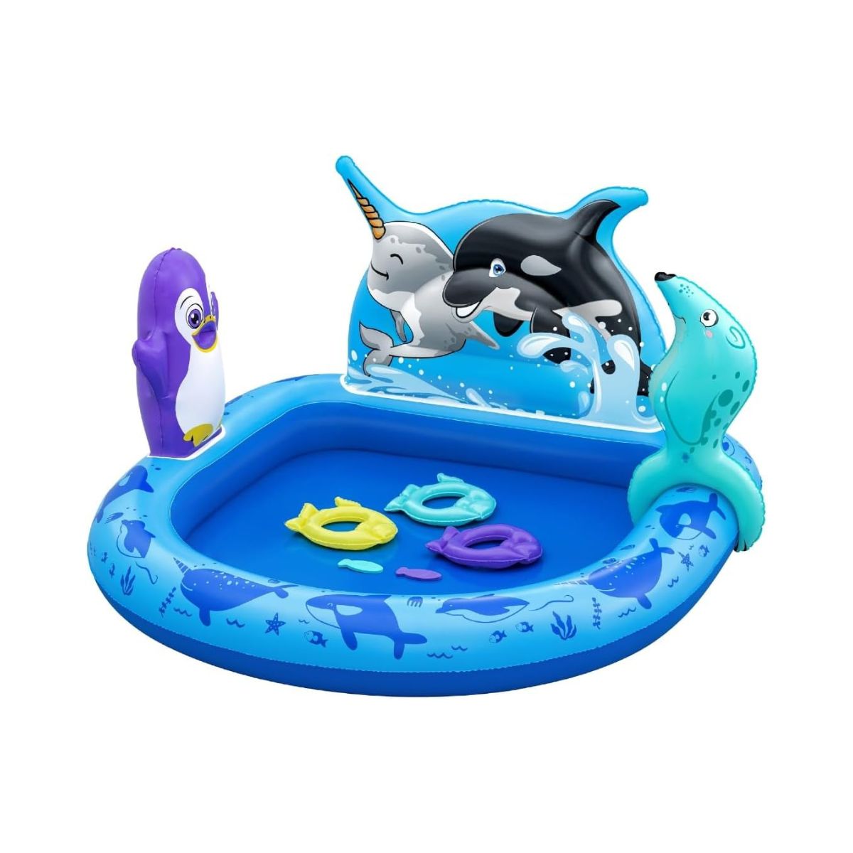 Bestway Playcenter Polar Pals 34X131X73cm, Outdoor & Indoor Relaxation & Play, Playful Arctic Theme, Inflatable Penguin & Foam Fish Toys, Easy-to-use