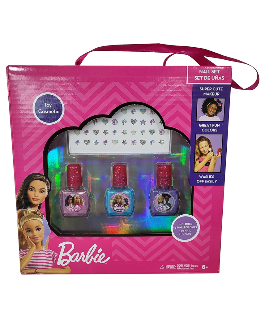 Barbie Nail Polish Set for Girls with 3 Colorful Peel-Off Nail Polishes with Nail Stickers in Carry Bag & Washable Safe Formula, Fun Toy Cosmetic Gift for Kids Ages 6 and Up