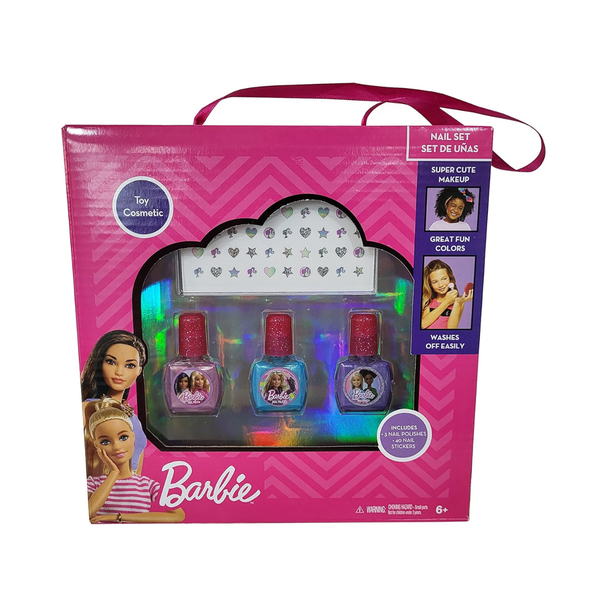 Barbie Nail Polish Set for Girls with 3 Colorful Peel-Off Nail Polishes with Nail Stickers in Carry Bag & Washable Safe Formula, Fun Toy Cosmetic Gift for Kids Ages 6 and Up