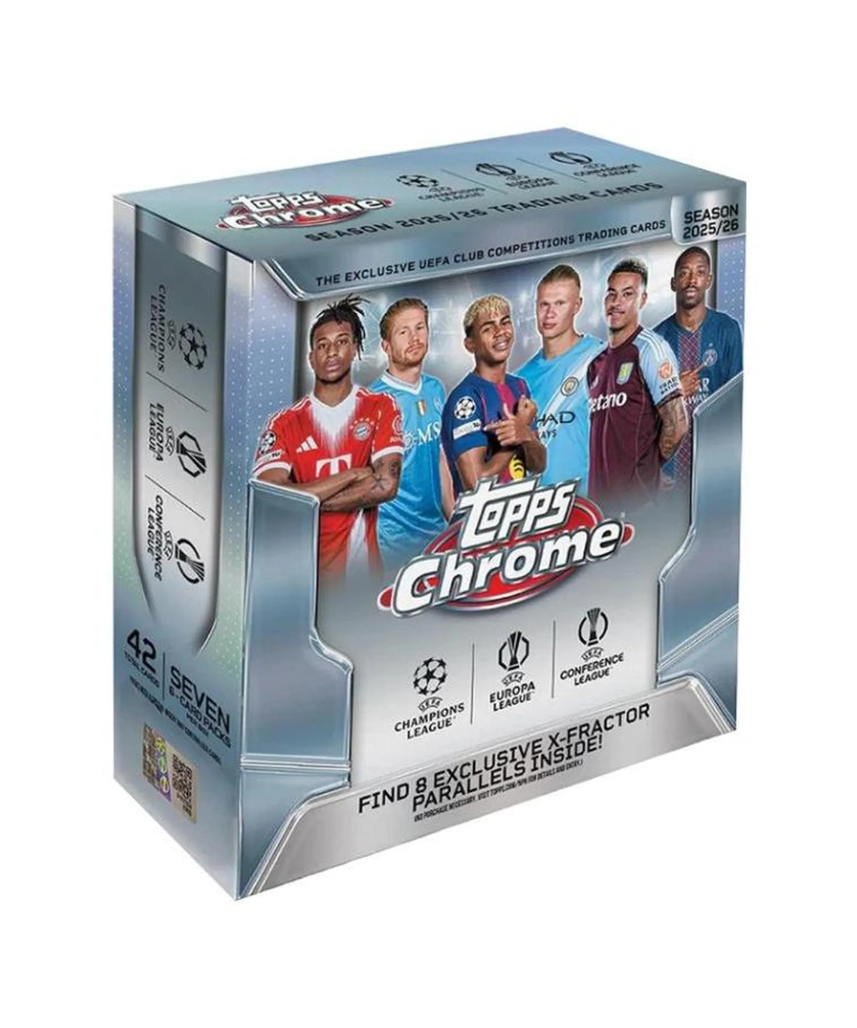 Topps Chrome UEFA Club Competitions 2025/26 Mega Box Football Trading Cards, Official UEFA Soccer Card Collection with Exclusive Mega Box Parallels, Refractors, Inserts & Autograph Chase Cards