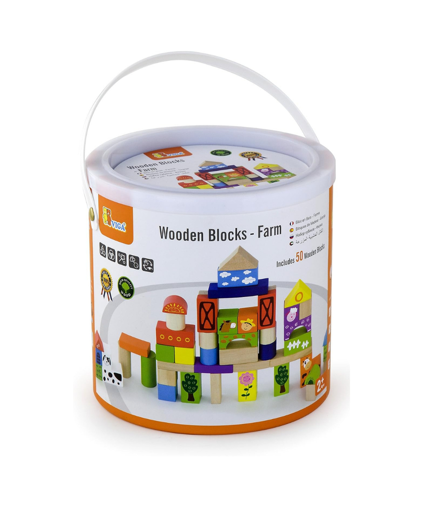 Eitech Viga Wooden Farm Building & Stacking Blocks Tub - 50 Piece - Childrens Construction Toy