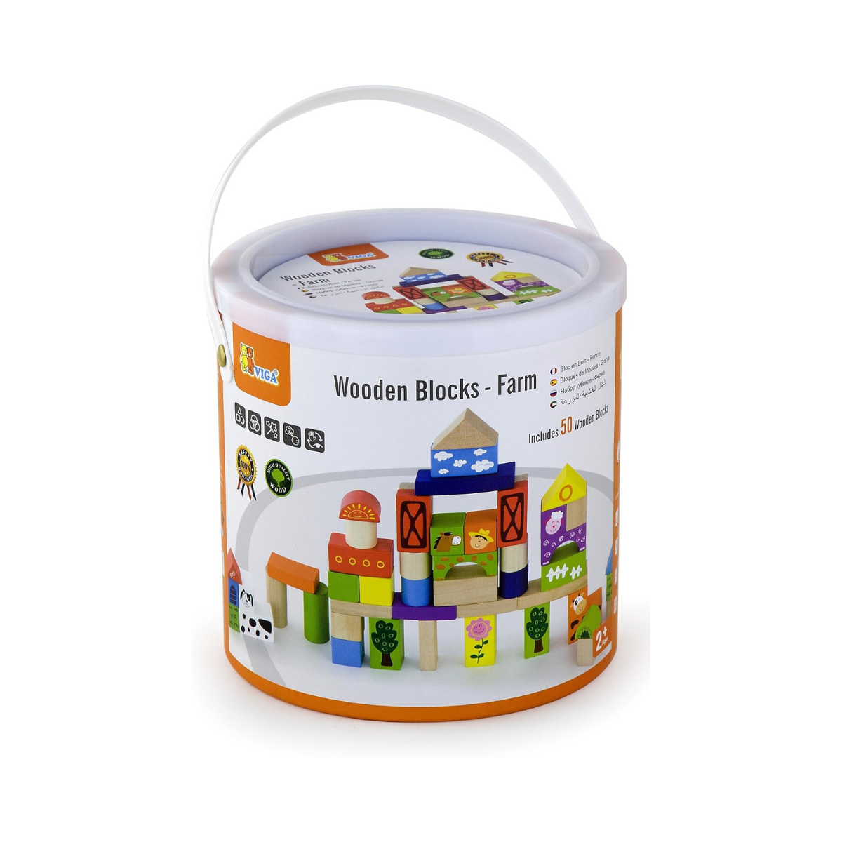 Eitech Viga Wooden Farm Building & Stacking Blocks Tub - 50 Piece - Childrens Construction Toy