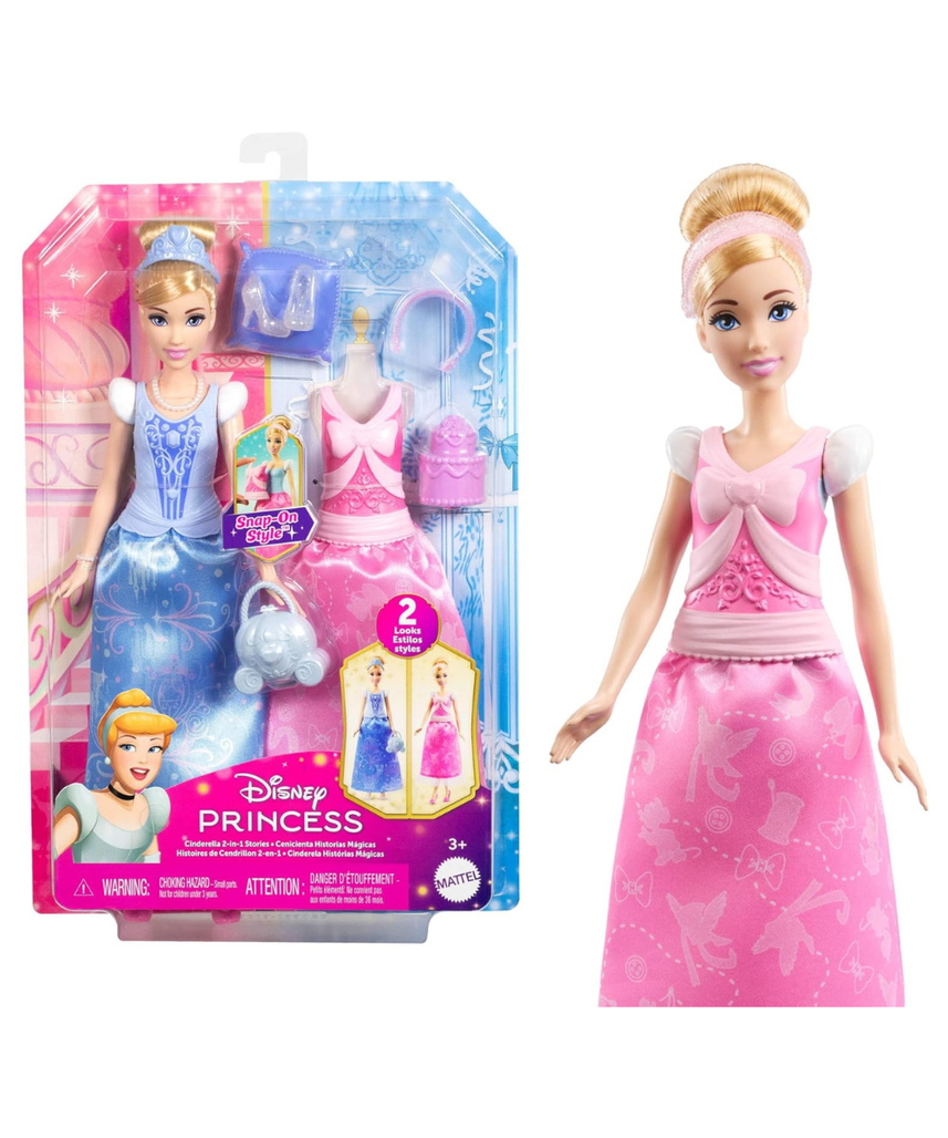 Mattel Disney Princess Toys, Cinderella Fashion Doll with 2 Looks, 9 Accessories, 2 Snap-On Bodices & 2 Skirts, 2-in-1 Stories Inspired by Disney Movie