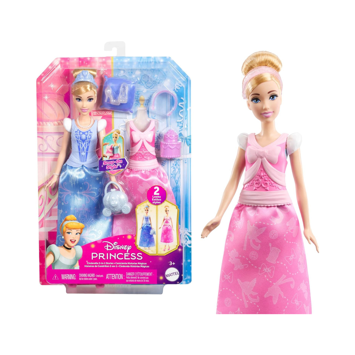 Mattel Disney Princess Toys, Cinderella Fashion Doll with 2 Looks, 9 Accessories, 2 Snap-On Bodices & 2 Skirts, 2-in-1 Stories Inspired by Disney Movie