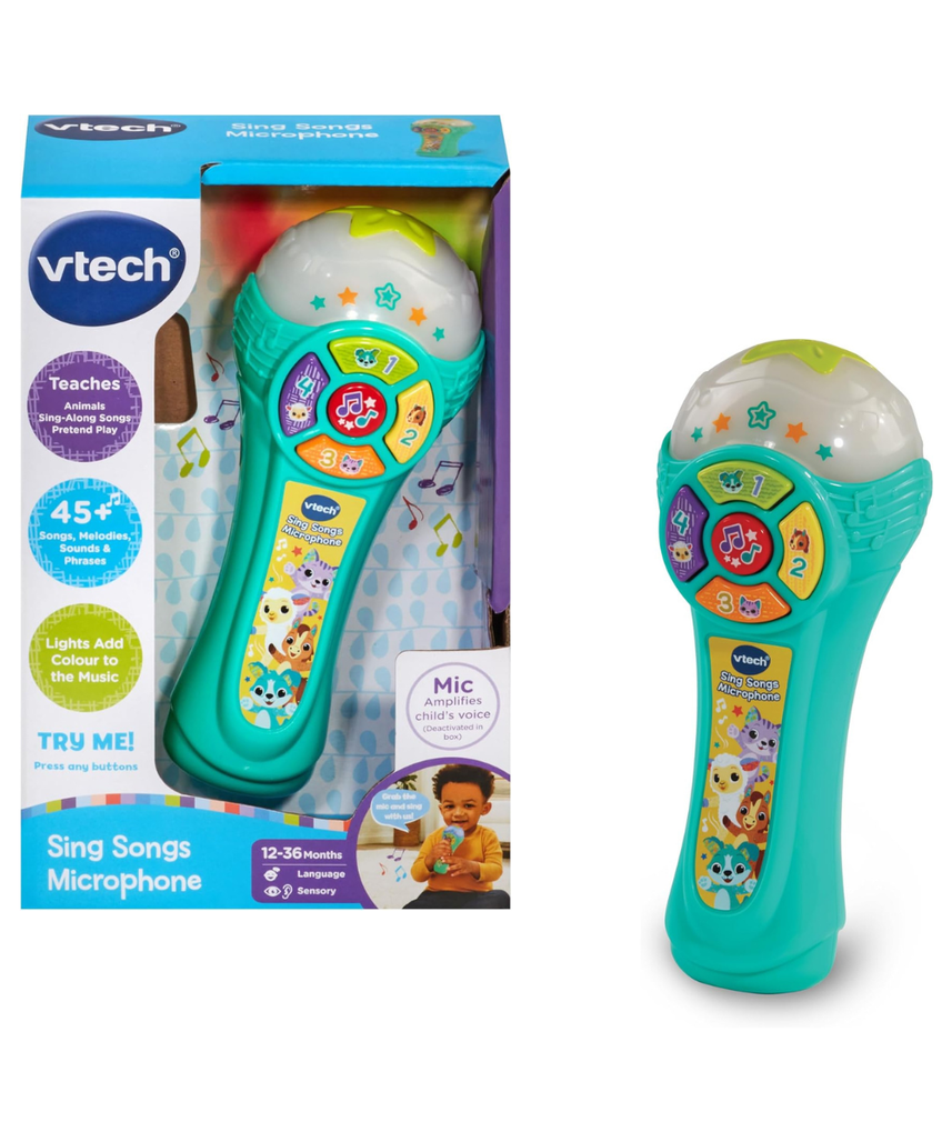 VTech Baby Sing Songs Microphone, Interactive Microphone Toy with 4 Buttons for Animals, Sounds & Numbers, Flashing Lights & Music, Musical Toy for Children 12, 18, 24 Months +, Version
