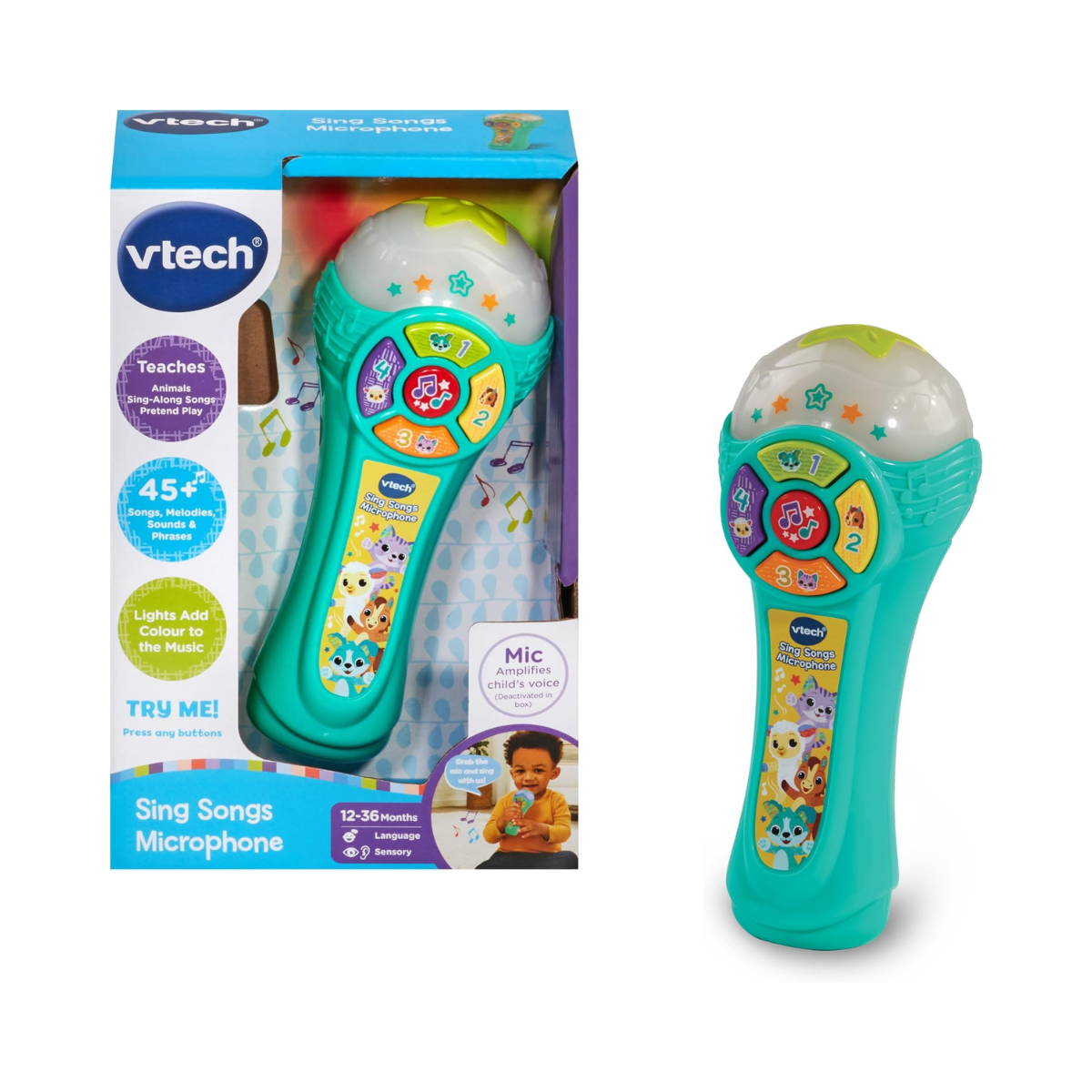 VTech Baby Sing Songs Microphone, Interactive Microphone Toy with 4 Buttons for Animals, Sounds & Numbers, Flashing Lights & Music, Musical Toy for Children 12, 18, 24 Months +, Version