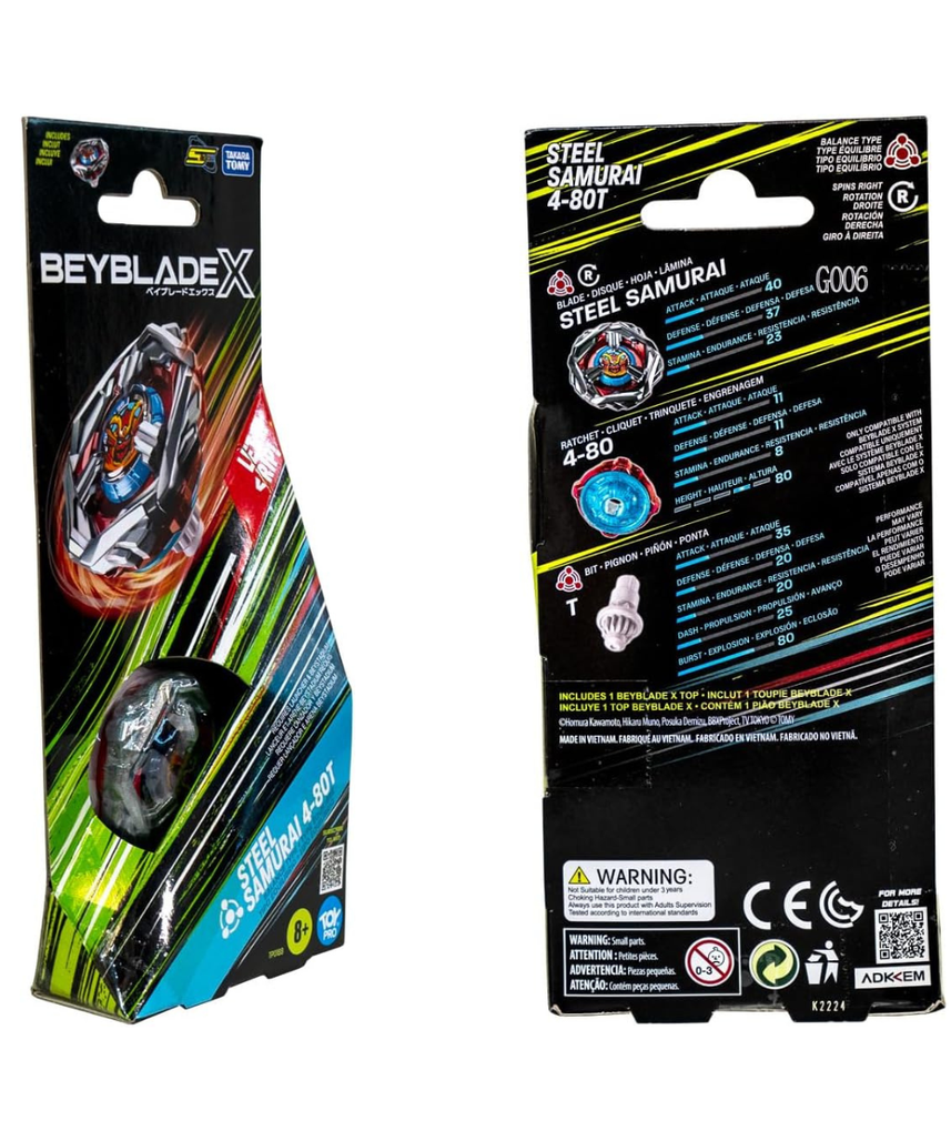 Takara Tomy Beyblade X Steel Samurai 4-80T Booster Pack Set, Balance Type Top with Customizable Parts, Bey Toy for 8+ Year Old Boys and Girls, Spinning Toys, Battle Tops