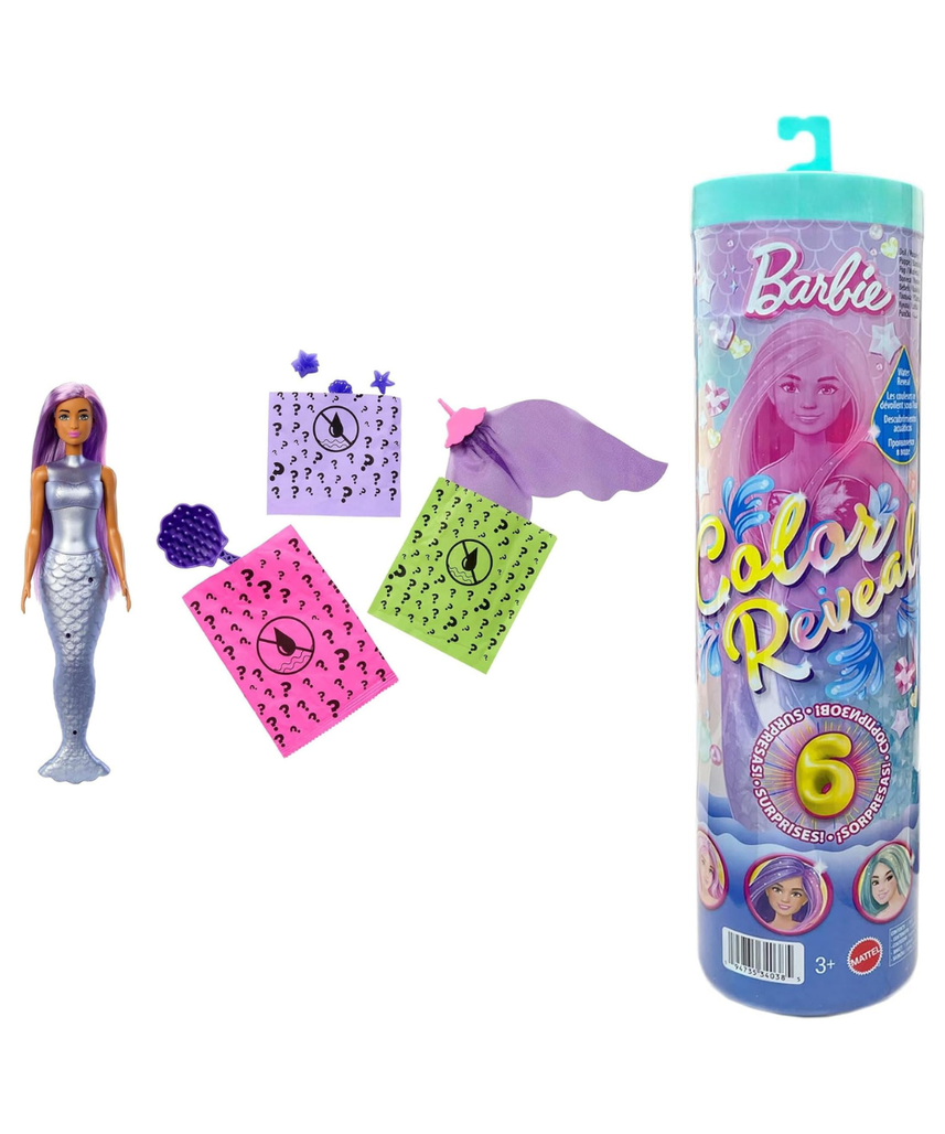 Barbie Mattel JFV58 Colour Reveal Mermaid, 3 Surprise Bags, 4 Accessories, Colour Changing, Various Models