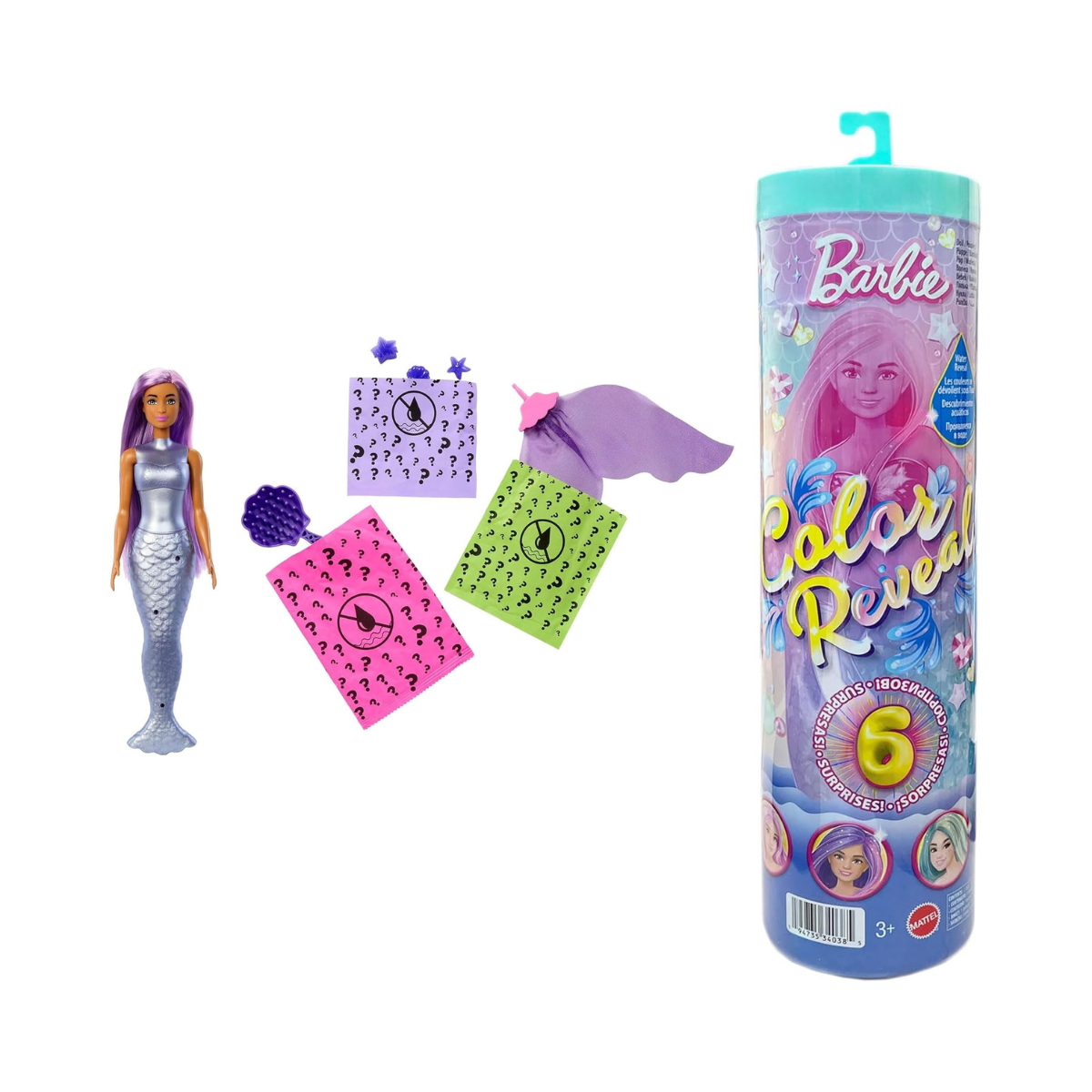 Barbie Mattel JFV58 Colour Reveal Mermaid, 3 Surprise Bags, 4 Accessories, Colour Changing, Various Models