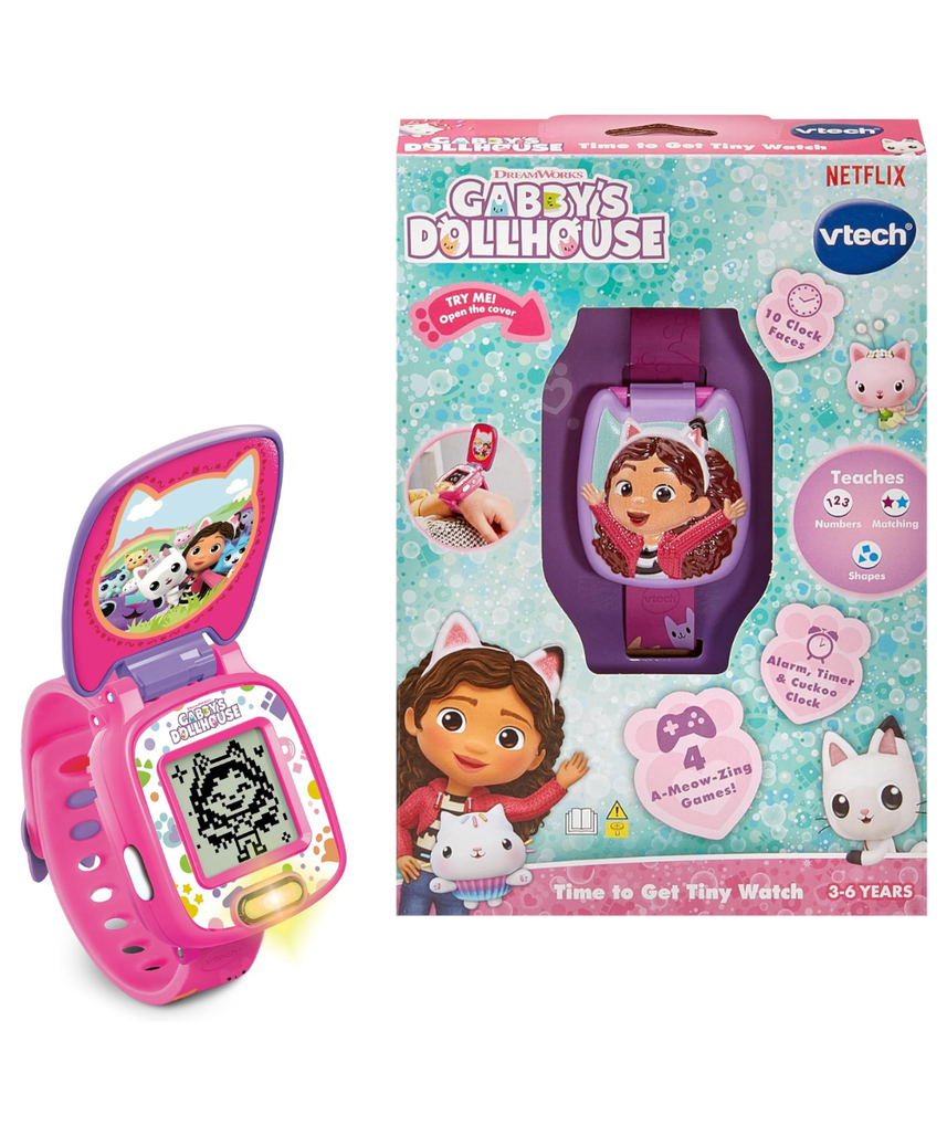 VTech - Gabby’s Dollhouse Time to Get Tiny Watch - Multicolour | includes 10 digital clock faces featuring Gabby and her kitty friends, a stopwatch| Suitable ages 3 + up