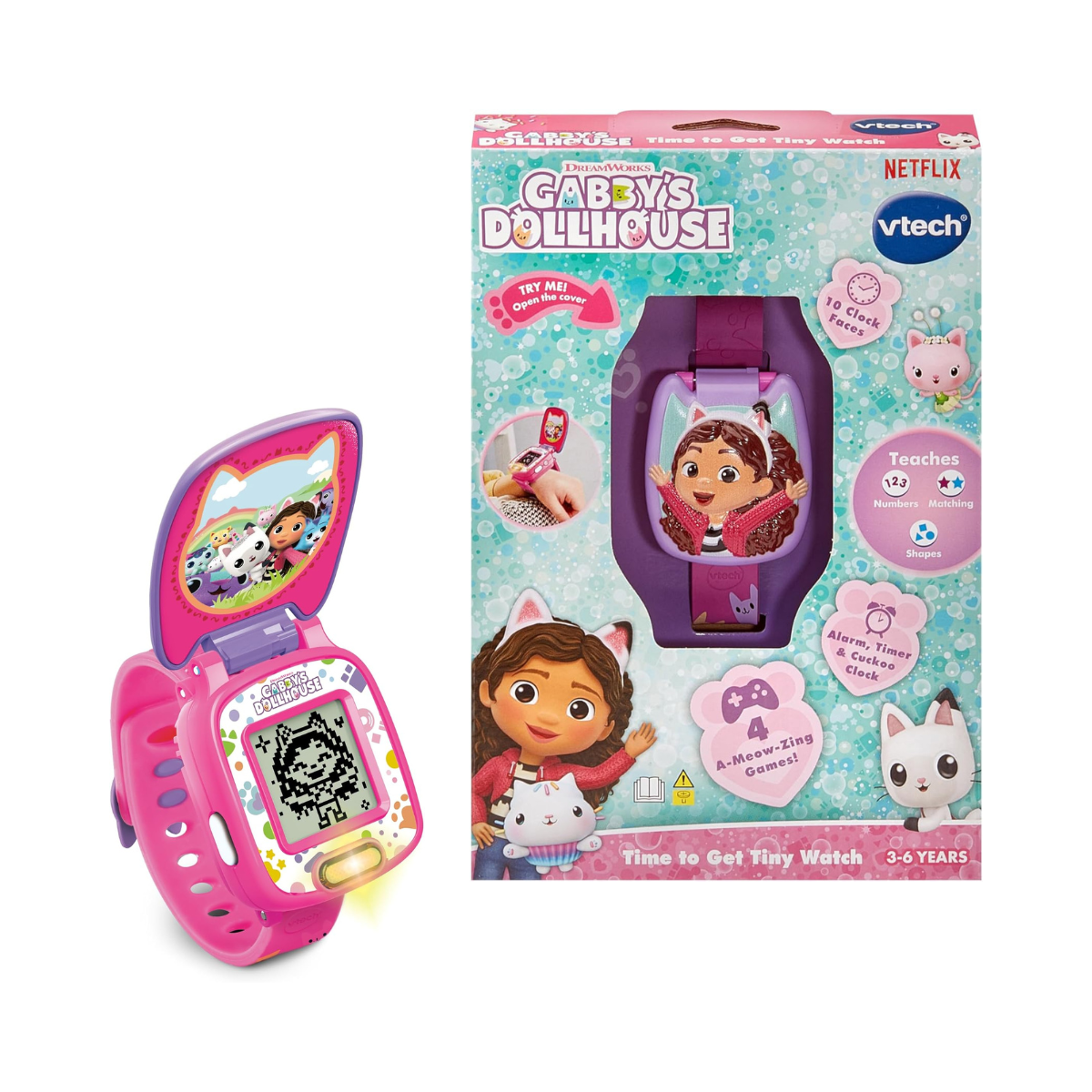 VTech - Gabby’s Dollhouse Time to Get Tiny Watch - Multicolour | includes 10 digital clock faces featuring Gabby and her kitty friends, a stopwatch| Suitable ages 3 + up