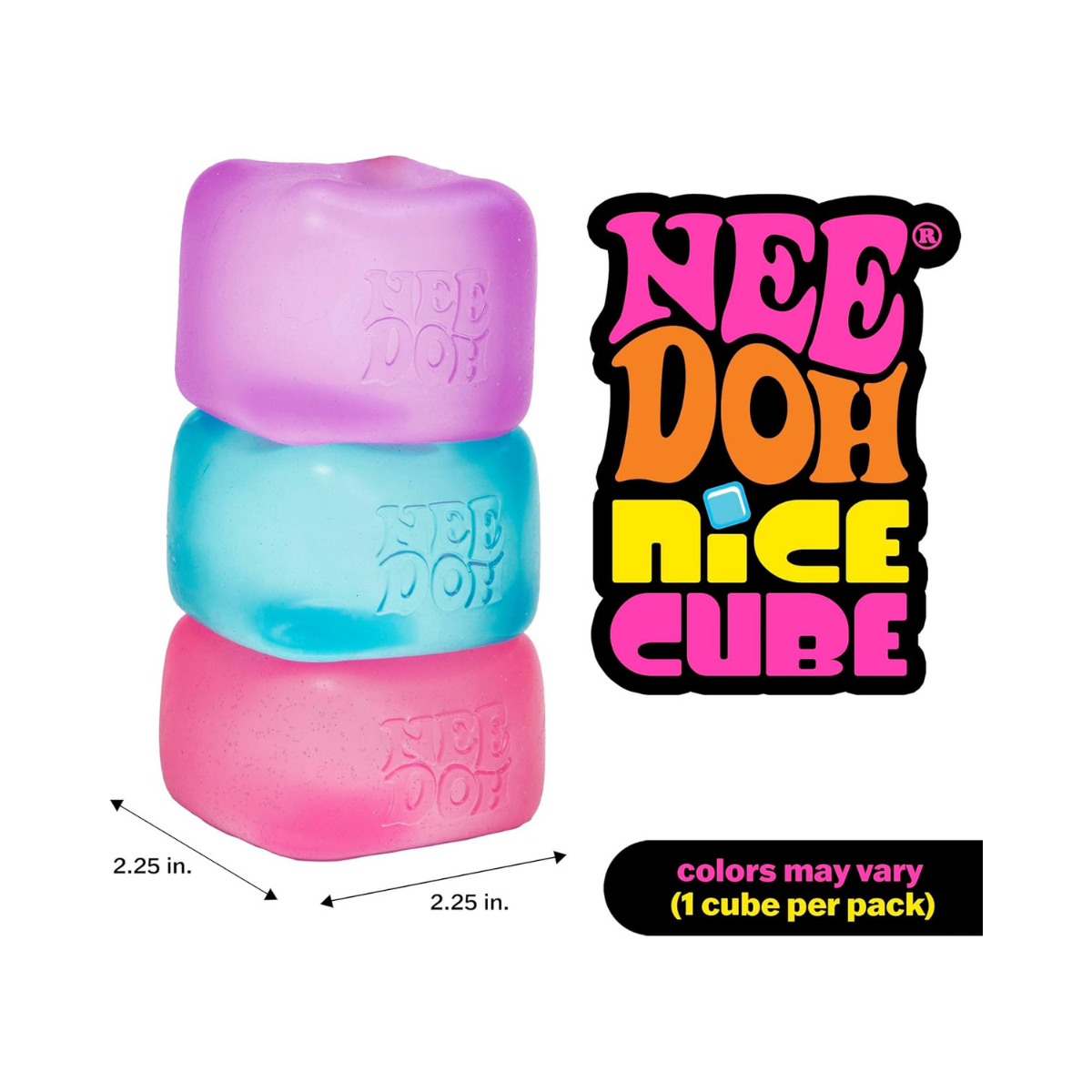 NeeDoh Nice Cube Sensory Squeeze Toy, Assorted Colors, Super Solid Squish Fidget Stress Relief Toy for Kids & Adults, 2.25 Inch Cube