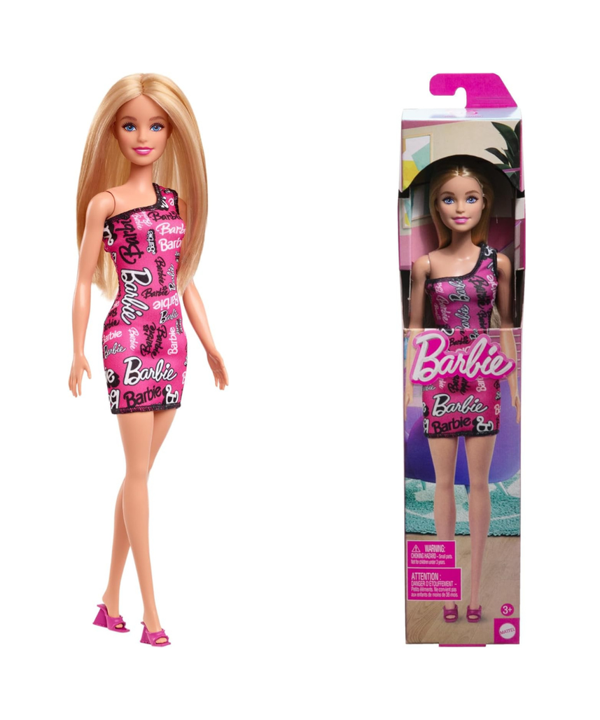 Barbie Fashion Doll with Straight Blonde Hair Wearing Removable Pink Dress & Shoes with Logo Print