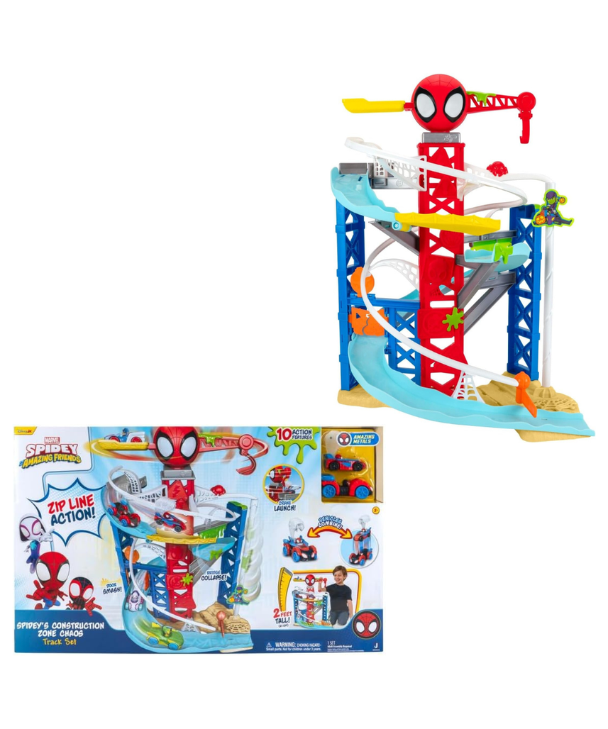 Spidey N Friends Construction Zone Chaos Track Set, Deluxe 2-Foot High Race Track Features Zip Line, Action Zones, & 2 Separate Tracks with Two 3-Inch Vehicles, Kids Toys, Gift, Playset, 3 Years+