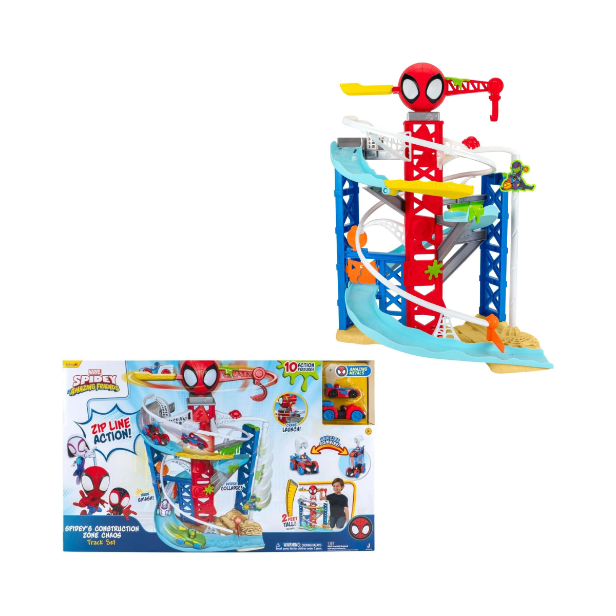 Spidey N Friends Construction Zone Chaos Track Set, Deluxe 2-Foot High Race Track Features Zip Line, Action Zones, & 2 Separate Tracks with Two 3-Inch Vehicles, Kids Toys, Gift, Playset, 3 Years+