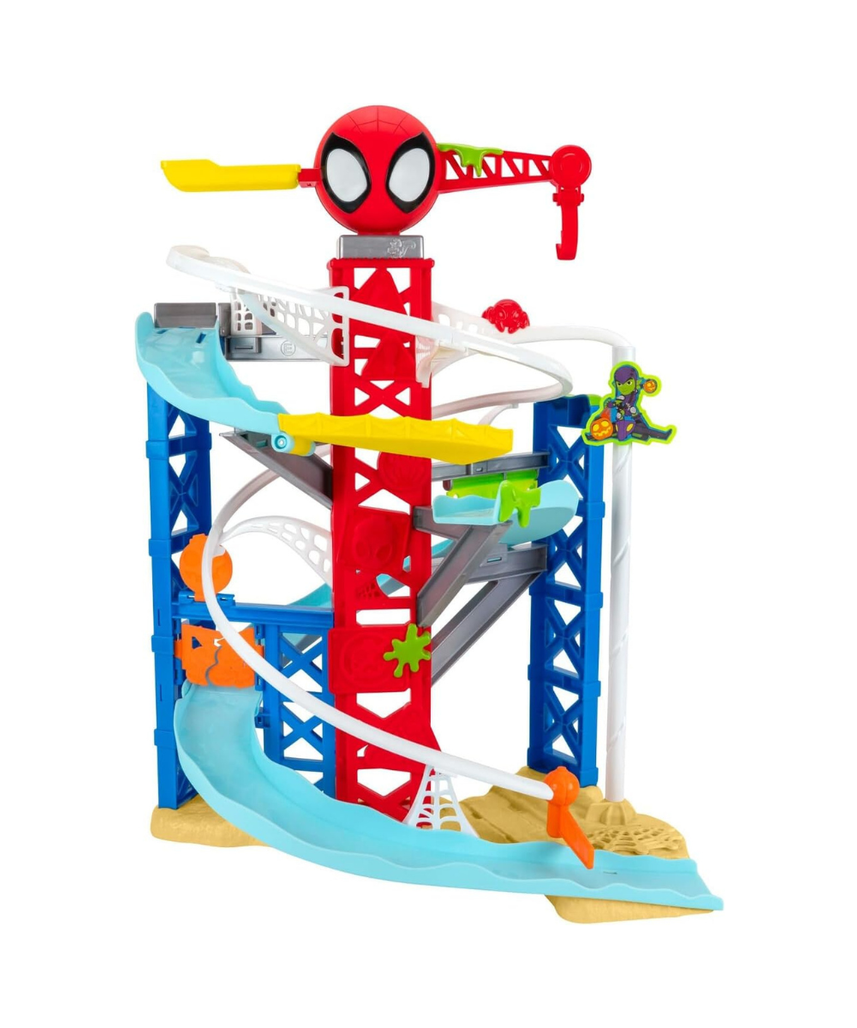 Spidey N Friends Construction Zone Chaos Track Set, Deluxe 2-Foot High Race Track Features Zip Line, Action Zones, & 2 Separate Tracks with Two 3-Inch Vehicles, Kids Toys, Gift, Playset, 3 Years+