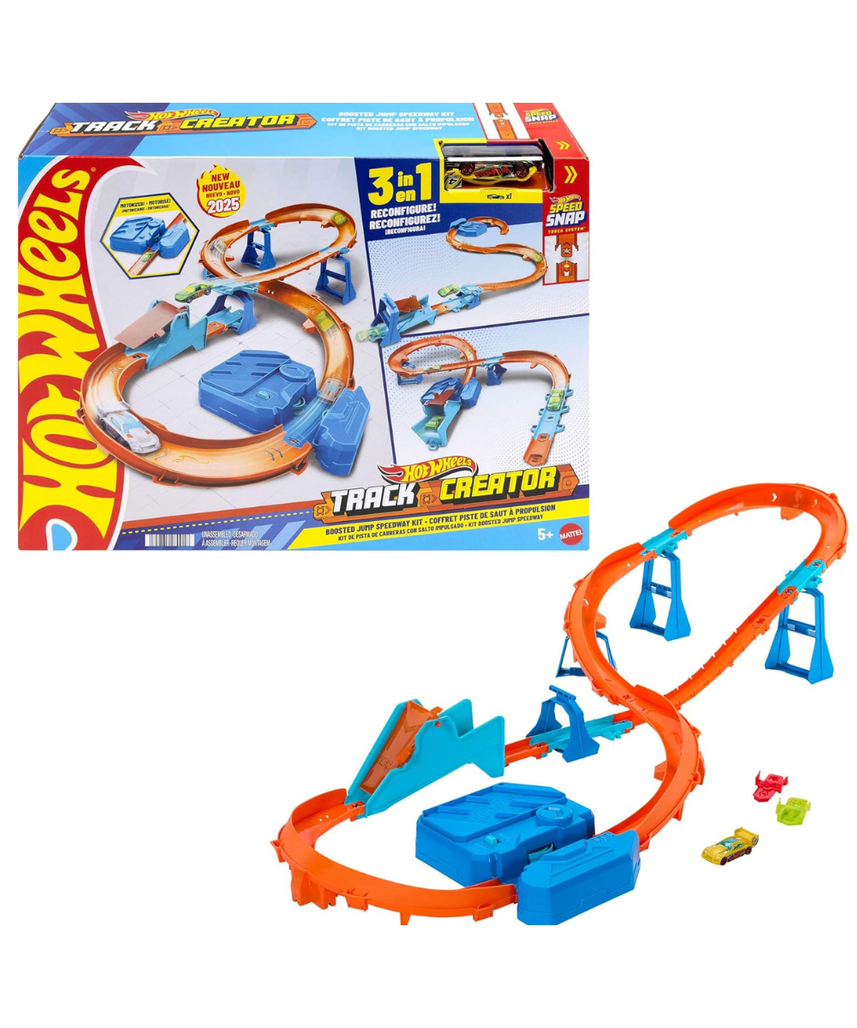 Hot Wheels Toy Car Track Set, Deluxe Building Box with Motorized Booster, 1:64 Scale Vehicle, Speed Snap Track, Boosted Jump Speedway, JDB49
