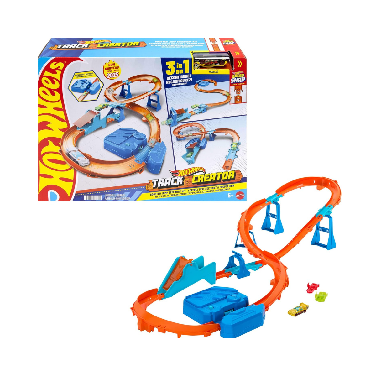 Hot Wheels Toy Car Track Set, Deluxe Building Box with Motorized Booster, 1:64 Scale Vehicle, Speed Snap Track, Boosted Jump Speedway, JDB49