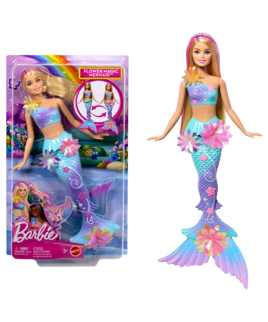 Barbie Mermaid Toy Dolls with Surprise Magic Blooming Flowers Feature, Ombre Tails, Pearl Headband Accessory & Long Blonde Hair with Pink Highlights, JDM72