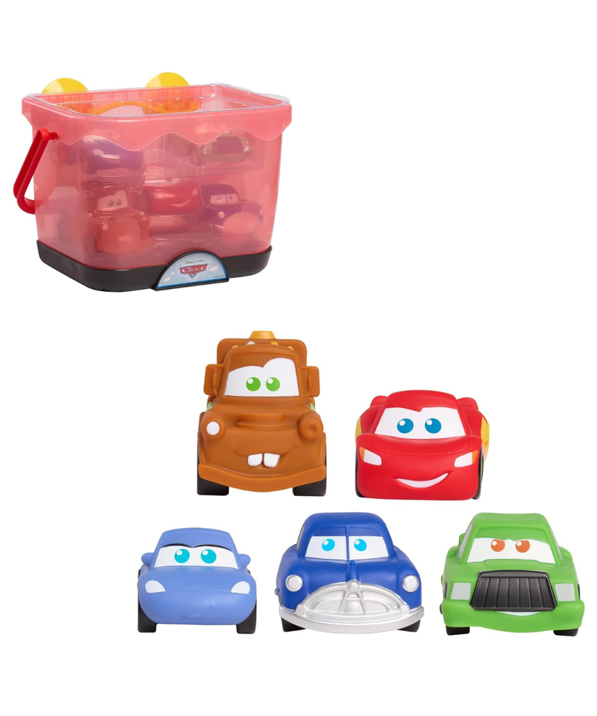Disney and Pixar Cars Bath Caddy, 6-pieces, 5 Bath Toy Figures Sealed for Safety, Attaches to Wall, Bath Toy for Fans, Girls, Boys, Kids, Ages 3 and Up