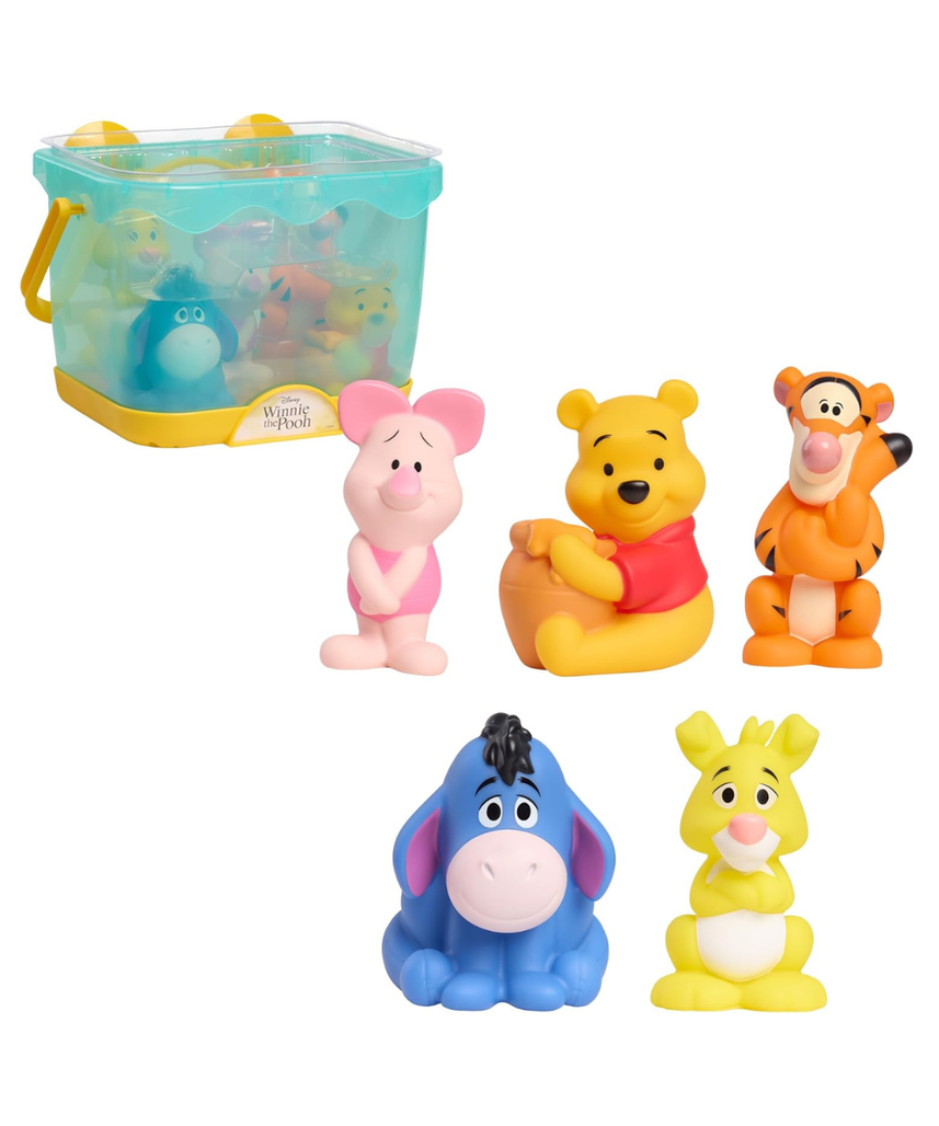 Disney Winnie the Pooh Bath Caddy, 6-pieces, 5 Bath Toy Figures Sealed for Safety, Attaches to Wall, Bath Toy for Fans, Girls, Boys, Kids, Ages 3 and Up