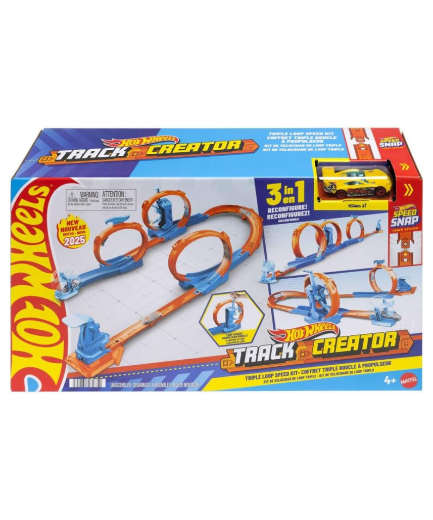 Hot Wheels Toy Car Track Set, Triple Loop Pack & 1:64 Scale Vehicle, Track-Building Components with 3 Loops, Speed Snap Tracks & Adapters, JDW39