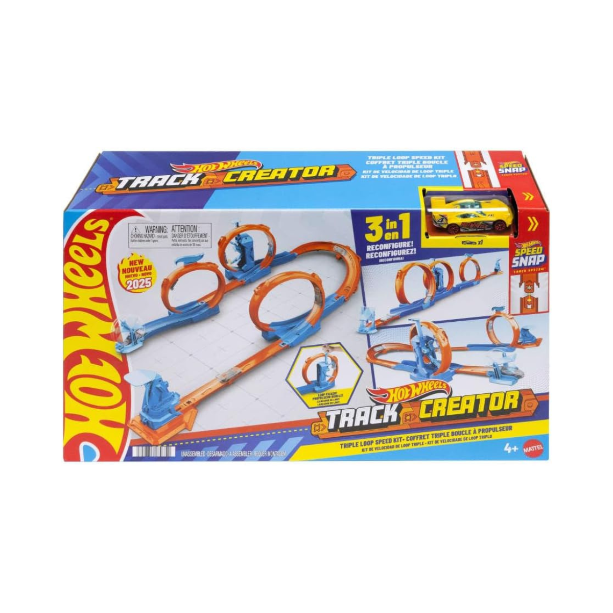 Hot Wheels Toy Car Track Set, Triple Loop Pack & 1:64 Scale Vehicle, Track-Building Components with 3 Loops, Speed Snap Tracks & Adapters, JDW39