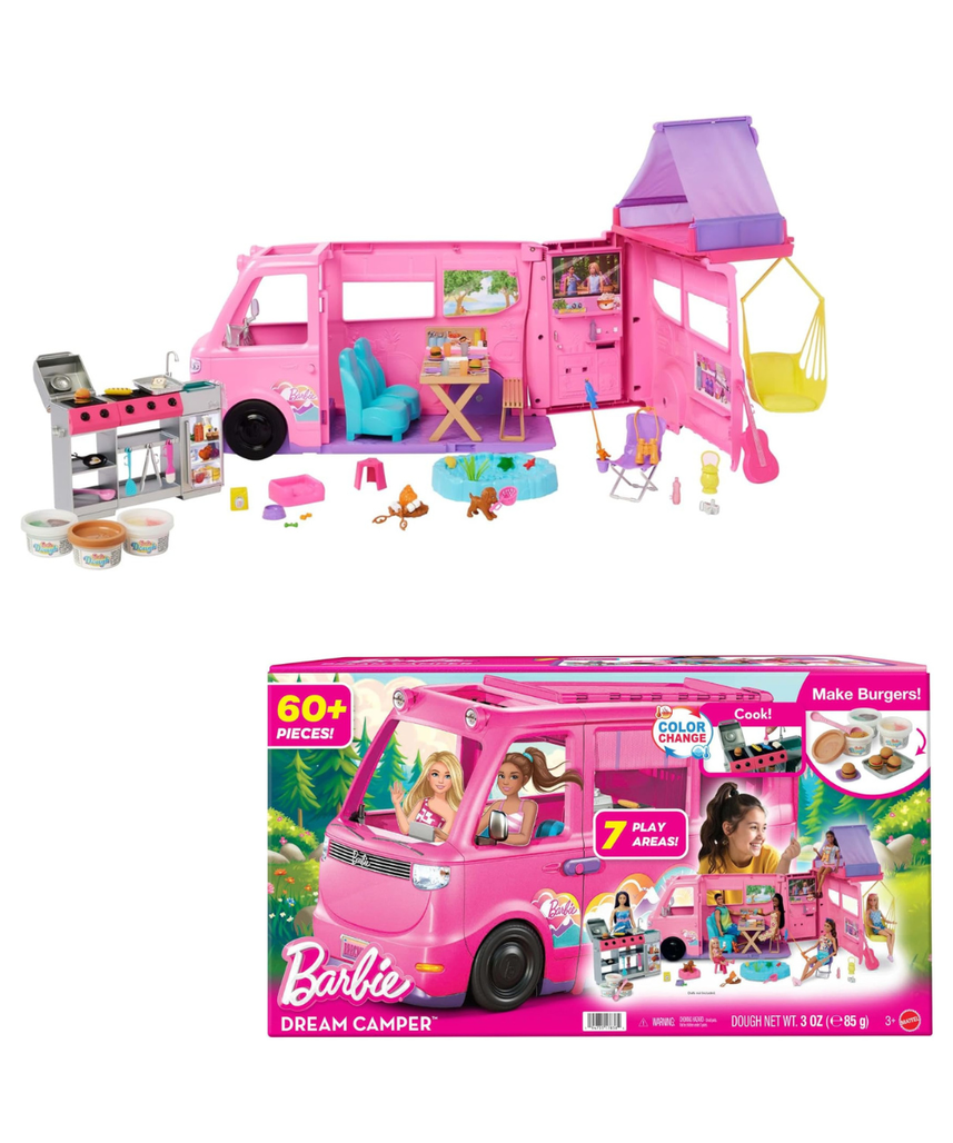 Barbie Dream Camper Playset with Roof Tent, Swing Chair, Fishing Pond, BBQ Grill with Color-Change Feature & 60+ Accessories Including Dough, HRJ78