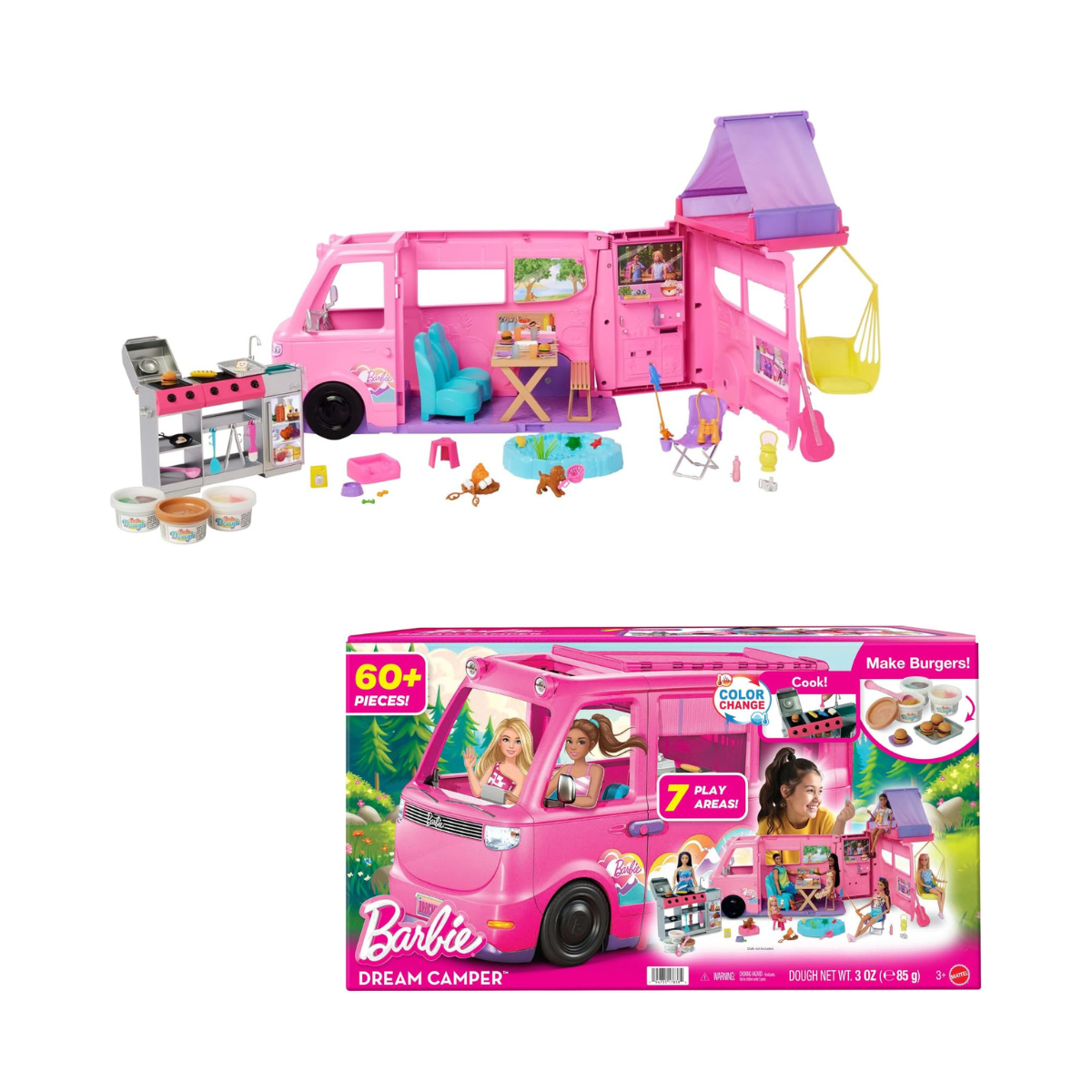 Barbie Dream Camper Playset with Roof Tent, Swing Chair, Fishing Pond, BBQ Grill with Color-Change Feature & 60+ Accessories Including Dough, HRJ78