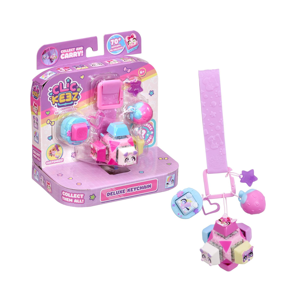 Clickeez Deluxe Keychain, Cute Collectible Keyboard Key Fidget Toy, Cube Key Caps Set with Charms for Girls and Boys 6Y+